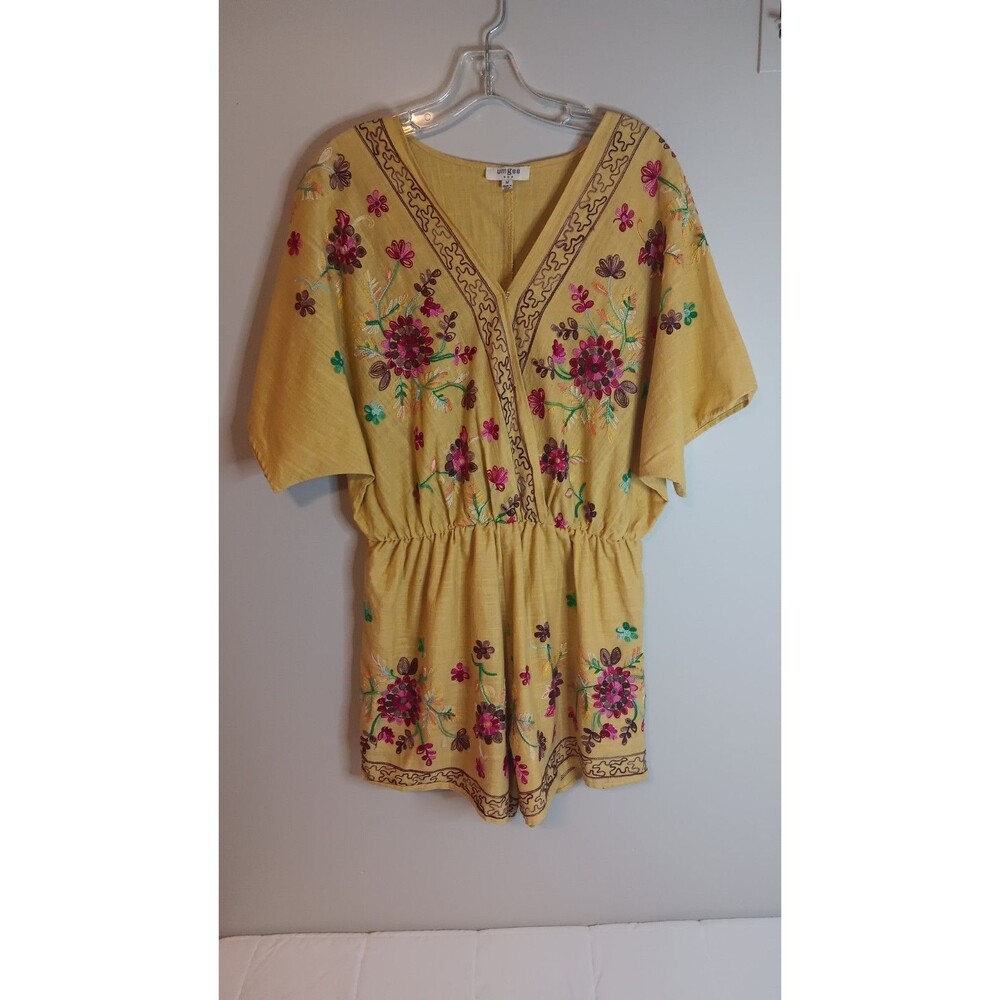 Umgee Yellow Floral Embroidered Romper Sz Medium Boho 100% Cotton